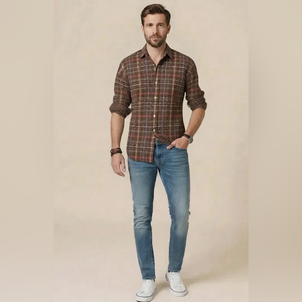 Polo Ralph Lauren Classic Fit Plaid Shirt Brown Maroon Tan Mens Medium 15.5 M